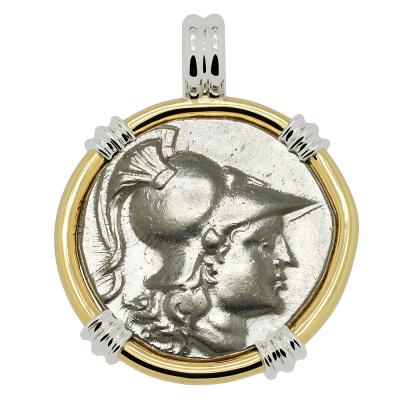 205-100 BC Athena tetradrachm in white and yellow gold pendant