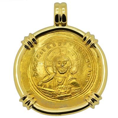 Byzantine Jesus Christ gold nomisma coin in 18k gold pendant