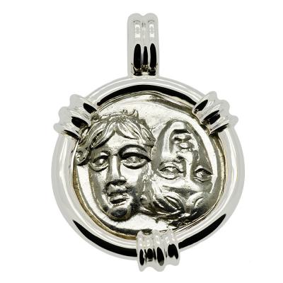 Greek 400-350 BC, Gemini Twins of Istros coin in white gold pendant