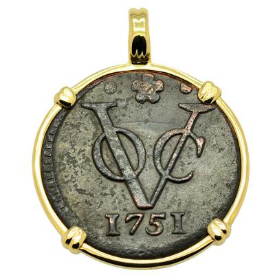 1751 VOC duit coin in 14k gold pendant