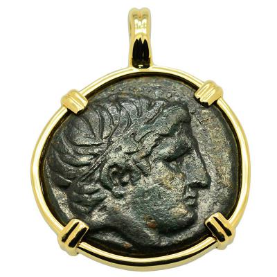 359-336 BC Philip II Apollo bronze coin in gold pendant