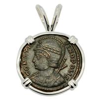 Roman Empire AD 332-333, Constantinopolis and Victory nummus in 14k white gold pendant.