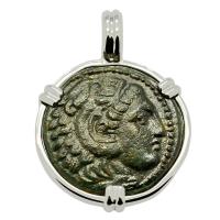 Greek 336-323 BC, Alexander the Great bronze coin in 14k white gold Pendant.