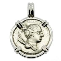 Roman Republic 73 BC, goddess Diana and Hunting Hound denarius in 14k white gold pendant.