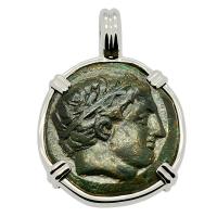 Greek 359-336 BC, King Philip II Apollo and Horseman bronze coin in 14k white gold pendant.