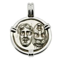 Greek 400-350 BC, Gemini Twins of Istros drachm in 14k white gold pendant.