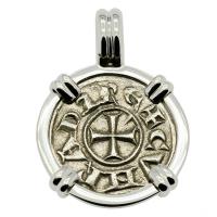 Italian 1139-1252, Crusader Cross denaro in 14k white gold pendant.