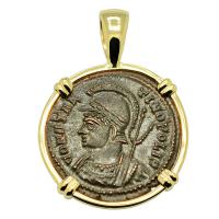 Roman Empire AD 332-333, Constantinopolis and Victory nummus in 14k gold pendant.