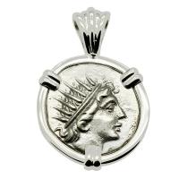 Greek 88-84 BC, Sun God Helios and rose drachm in 14k white gold pendant.