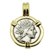 Greek 88-84 BC, Sun God Helios and rose drachm in 14k gold pendant.