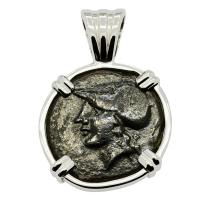 Greek 317-289 BC, Athena and Lightning Bolt bronze coin in 14k white gold pendant.