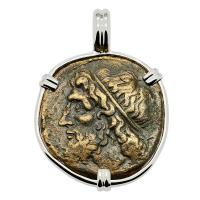 Greek 261-240 BC, Poseidon and Trident Tetras in 14k white gold pendant.
