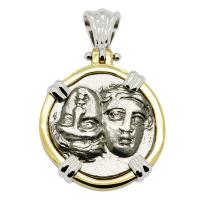 Greek 400-350 BC, Gemini Twins of Istros drachm in 14k white and Yellow gold pendant.