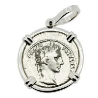 Roman Empire 2 BC - AD 4, Emperor Caesar Augustus denarius in 14k white gold pendant.