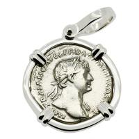 Roman Empire AD 112 - 114, Emperor Trajan and Arabia denarius in 14k white gold pendant.