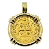 Portuguese 1000 Reis dated 1714, with cross and crown in 14k gold pendant.