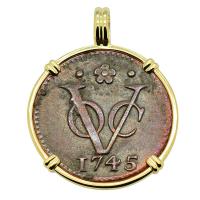 Dutch East Indies Company VOC duit dated 1745 in 14k gold pendant.