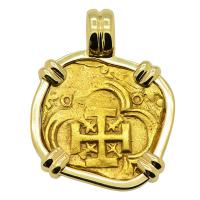 Spanish 2 escudos Doubloon 1598-1621, in 14k gold pendant.