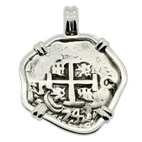 Colonial Spanish Peru, King Philip V two reales dated 1743, in 14k white gold pendant.