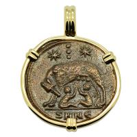 Roman Empire AD 330 - 336, She-Wolf Suckling Twins nummus in 14k gold pendant. 