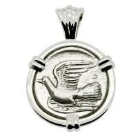 Greek 330-280 BC, Dove and Chimaera triobol in 14k white gold pendant.
