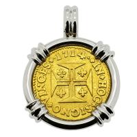 Portuguese 1000 Reis dated 1714, with cross and crown in 14k white gold pendant.