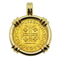 Portuguese 1000 Reis dated 1738, with cross and crown in 14k gold pendant.