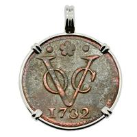 Dutch East Indies Company VOC duit dated 1732 in 14k white gold pendant.