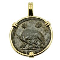 Roman Empire AD 330-336, She-Wolf Suckling Twins nummus in 14k gold pendant. 