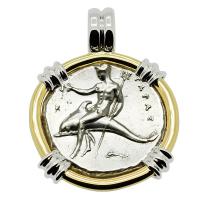 Greek - Italy 315-302 BC, Taras riding Dolphin and Horseman nomos in 14k white and yellow gold pendant.
