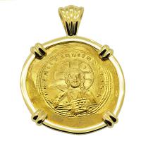 Byzantine AD 1042-1055, Jesus Christ and Constantine IX gold nomisma in 18k gold pendant.