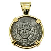 Greek 323-317 BC, Gorgon Shield and Macedonian Helmet bronze coin in 14k gold pendant.