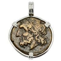 Greek 261-240 BC, Poseidon and Trident tetras in 14k white gold pendant.