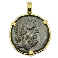 Greek 85-65 BC, Zeus and Eagle bronze coin in 14k gold pendant.
