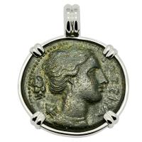 Greek Syracuse 317-289 BC, Artemis and winged lightning bolt bronze litra coin in 14k white gold pendant.