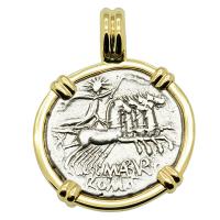 Roman Republic 132 BC, Sol chariot and Roma denarius in 14k gold pendant. 