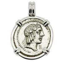 Roman Republic 90 BC, Apollo and Horseman denarius in 14k white gold pendant.