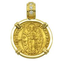 Venice 1329-1339, Jesus Christ and Saint Mark ducat in 18k gold pendant with diamonds.