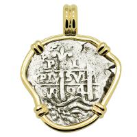 Colonial Spanish Peru, King Charles II one real dated 1694, in 14k gold pendant.