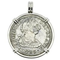 Spanish 2 reales dated 1783 in 14k white gold pendant, The 1784 Shipwreck that Changed America.
