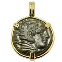 Greek 336-323 BC, Alexander the Great bronze coin in 14k gold pendant.