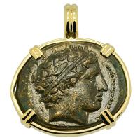Greek 359-336 BC, King Philip II Apollo and Horseman bronze coin in 14k gold pendant.