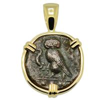 Greek Sicily 420-410 BC, Owl and Gorgon tetras in 14k gold pendant.