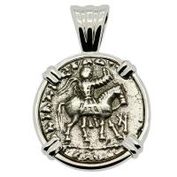 Greek 35-12 BC, King Azes II on horseback and Zeus drachm in 14k white gold pendant.

