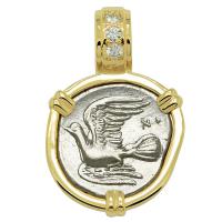 Greek 330-280 BC, Dove and Chimaera triobol in 14k gold pendant with diamonds.
