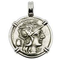 Roman Republic 134 BC, Roma and Victory chariot denarius in 14k white gold pendant. 