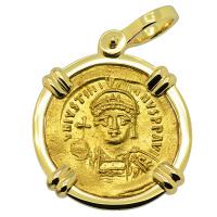 Byzantine AD 538-545, Justinian the Great gold solidus in 18k gold pendant.