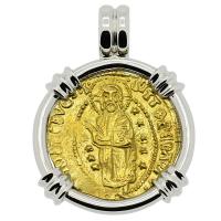 Venice 1382-1400, Jesus Christ and Saint Mark ducat in 14k white gold pendant.
