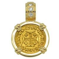 Portuguese King John V 400 Reis dated 1734, in 14k gold pendant with diamonds.