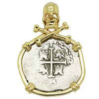 Colonial Spanish Peru, King Charles II one real dated 1694, in 14k gold Skull and Bones pendant.